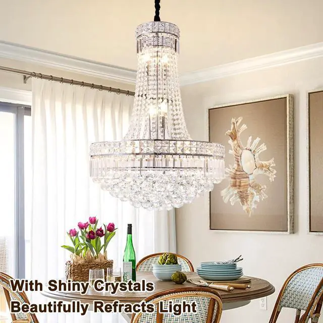 Alt view image 2 of 6 - 24'' Modern Crystal Chandelier Lighting, Luxury Raindrop Crystal Chandeliers Chrome Classic Empire Style Hanging Pendant Light Fixture for Dining Living Room Foyer Bedroom