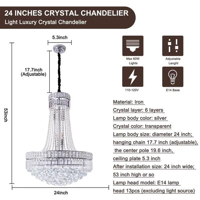 Alt view image 4 of 6 - 24'' Modern Crystal Chandelier Lighting, Luxury Raindrop Crystal Chandeliers Chrome Classic Empire Style Hanging Pendant Light Fixture for Dining Living Room Foyer Bedroom