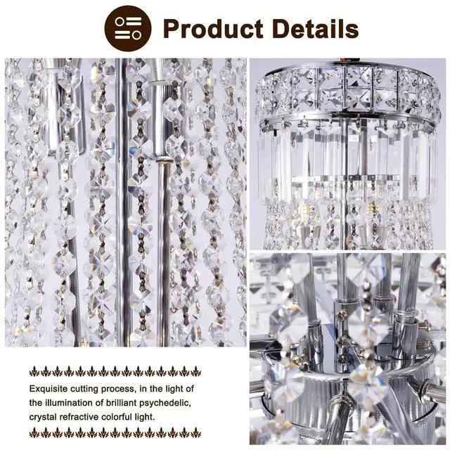 Alt view image 5 of 6 - 24'' Modern Crystal Chandelier Lighting, Luxury Raindrop Crystal Chandeliers Chrome Classic Empire Style Hanging Pendant Light Fixture for Dining Living Room Foyer Bedroom