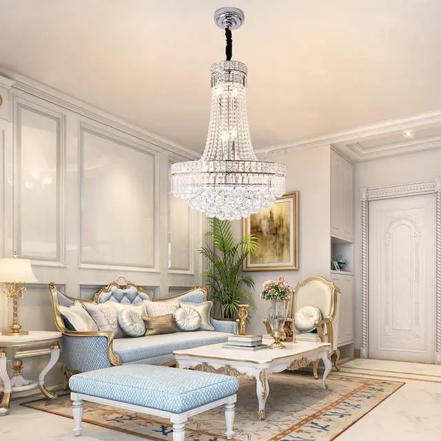 Alt view image 6 of 6 - 24'' Modern Crystal Chandelier Lighting, Luxury Raindrop Crystal Chandeliers Chrome Classic Empire Style Hanging Pendant Light Fixture for Dining Living Room Foyer Bedroom