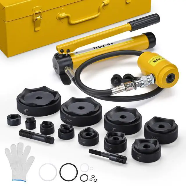 Main image of 1/2" to 4" 15-Ton Hydraulic Knockout Punch Set 10-Die Conduit Punch Driver Kit for Sheet Metal Aluminum Stainless Steel - Yellow
