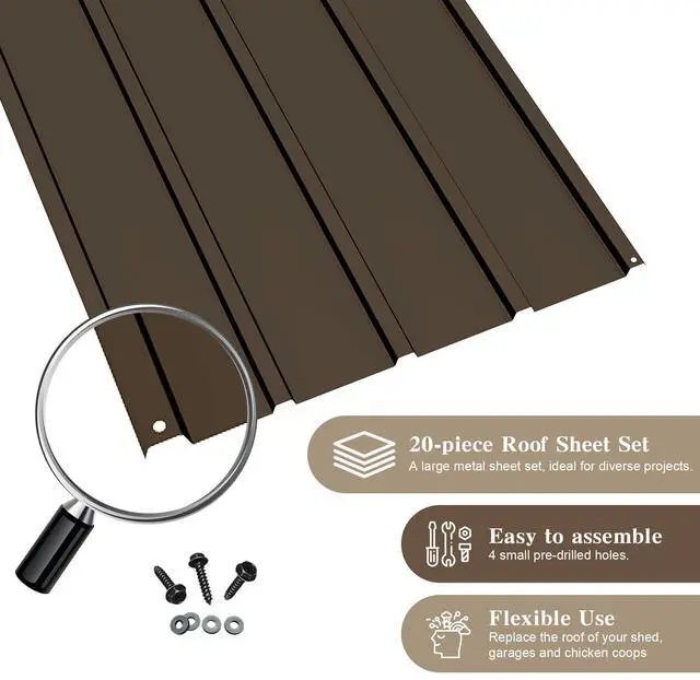 Alt view image 3 of 6 - Domi 20 PCS Metal Roofing Panels, Galvanized Steel Corrugated Roof Panels Waterproof Heavy Duty Metal Siding Panels with Screws for Pergola Gazebo Garage Sheds Mobile Home (Brown)