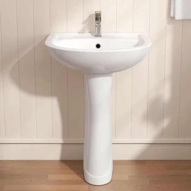 Main image of 21"W x 19"D Bathroom Pedestal Sink, White Vitreous China Ceramic, Single Pre-Drilled Faucet Hole, Porcelain Finish, Built-in Overflow