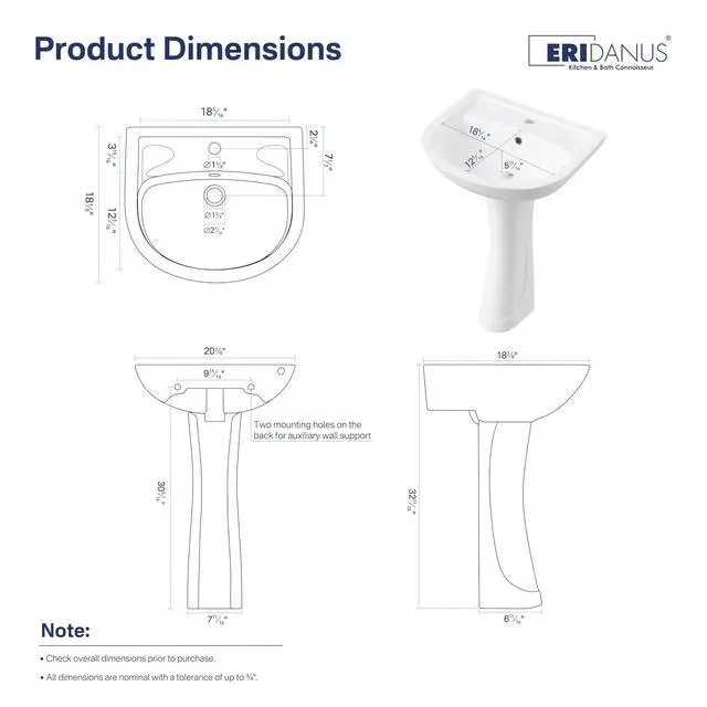 Alt view image 2 of 6 - 21"W x 19"D Bathroom Pedestal Sink, White Vitreous China Ceramic, Single Pre-Drilled Faucet Hole, Porcelain Finish, Built-in Overflow