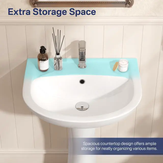 Alt view image 4 of 6 - 21"W x 19"D Bathroom Pedestal Sink, White Vitreous China Ceramic, Single Pre-Drilled Faucet Hole, Porcelain Finish, Built-in Overflow