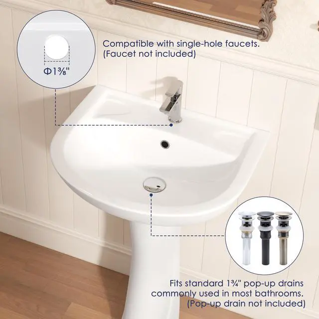 Alt view image 5 of 6 - 21"W x 19"D Bathroom Pedestal Sink, White Vitreous China Ceramic, Single Pre-Drilled Faucet Hole, Porcelain Finish, Built-in Overflow