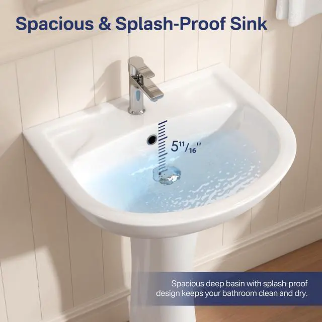 Alt view image 6 of 6 - 21"W x 19"D Bathroom Pedestal Sink, White Vitreous China Ceramic, Single Pre-Drilled Faucet Hole, Porcelain Finish, Built-in Overflow