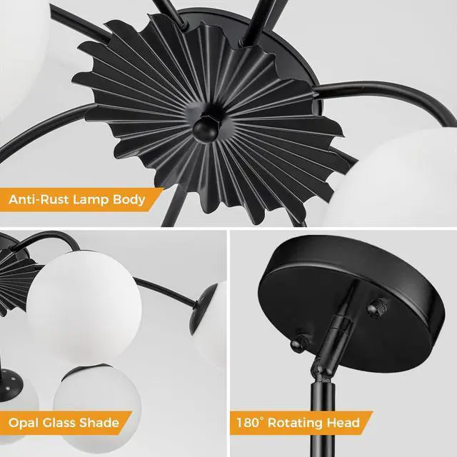 Alt view image 2 of 6 - Modern Chandelier 8-Light Dining Room Light Fixture, 33" Dia Dia Sputnik Lights Fixture with Glass Globes, G9 Base Semi Flush Ceiling Light Chandeliers for Dining Room (Black Chandelier, 8 Light)