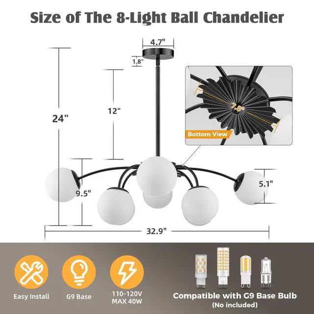 Alt view image 3 of 6 - Modern Chandelier 8-Light Dining Room Light Fixture, 33" Dia Dia Sputnik Lights Fixture with Glass Globes, G9 Base Semi Flush Ceiling Light Chandeliers for Dining Room (Black Chandelier, 8 Light)
