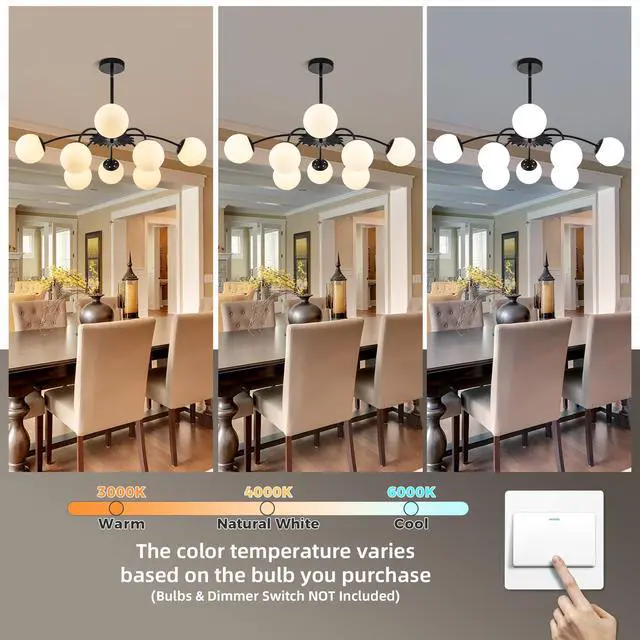 Alt view image 4 of 6 - Modern Chandelier 8-Light Dining Room Light Fixture, 33" Dia Dia Sputnik Lights Fixture with Glass Globes, G9 Base Semi Flush Ceiling Light Chandeliers for Dining Room (Black Chandelier, 8 Light)