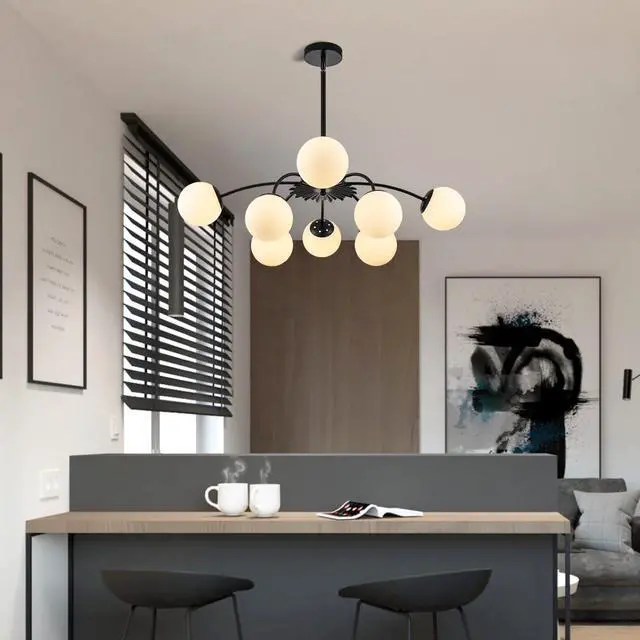 Alt view image 6 of 6 - Modern Chandelier 8-Light Dining Room Light Fixture, 33" Dia Dia Sputnik Lights Fixture with Glass Globes, G9 Base Semi Flush Ceiling Light Chandeliers for Dining Room (Black Chandelier, 8 Light)