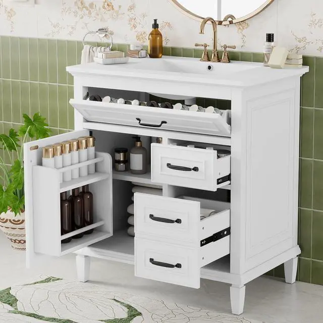 Main image of 30" Bathroom Vanity with Sink Combo Set, Solid Wood Frame Bathroom Storage Cabinet with 2 Drawers and a Tip-Out Drawers, Adjustable Shelf, Soft Closing Cabinet Door with Organizer, White
