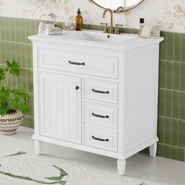Alt view image 3 of 6 - 30" Bathroom Vanity with Sink Combo Set, Solid Wood Frame Bathroom Storage Cabinet with 2 Drawers and a Tip-Out Drawers, Adjustable Shelf, Soft Closing Cabinet Door with Organizer, White