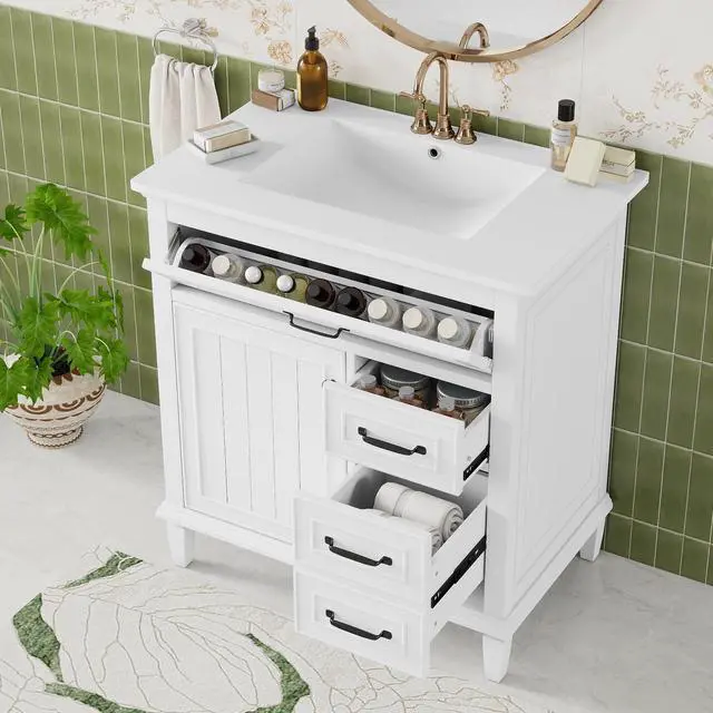 Alt view image 4 of 6 - 30" Bathroom Vanity with Sink Combo Set, Solid Wood Frame Bathroom Storage Cabinet with 2 Drawers and a Tip-Out Drawers, Adjustable Shelf, Soft Closing Cabinet Door with Organizer, White