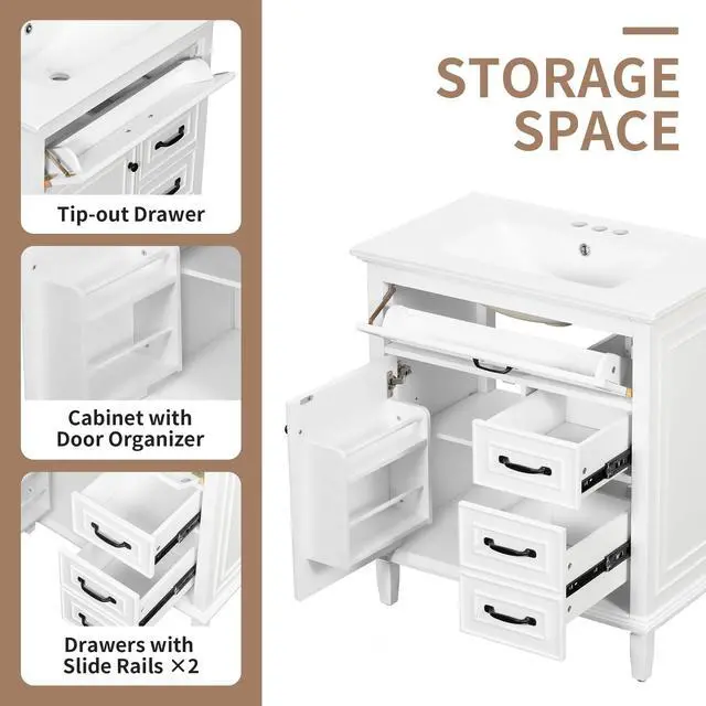 Alt view image 5 of 6 - 30" Bathroom Vanity with Sink Combo Set, Solid Wood Frame Bathroom Storage Cabinet with 2 Drawers and a Tip-Out Drawers, Adjustable Shelf, Soft Closing Cabinet Door with Organizer, White
