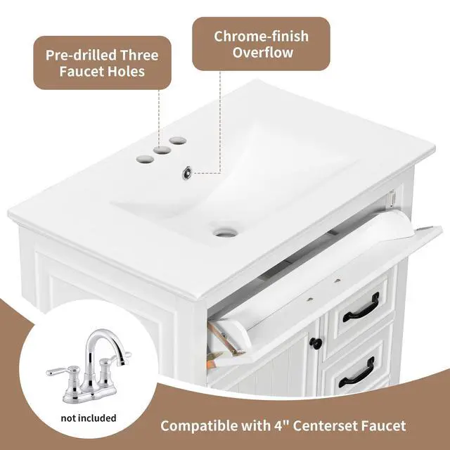 Alt view image 6 of 6 - 30" Bathroom Vanity with Sink Combo Set, Solid Wood Frame Bathroom Storage Cabinet with 2 Drawers and a Tip-Out Drawers, Adjustable Shelf, Soft Closing Cabinet Door with Organizer, White