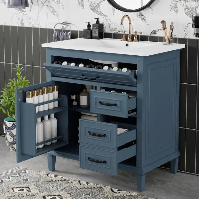 Main image of 30" Bathroom Vanity with Sink Combo Set, Solid Wood Frame Bathroom Storage Cabinet with 2 Drawers and a Tip-Out Drawers, Adjustable Shelf, Soft Closing Cabinet Door with Organizer, Blue Gray