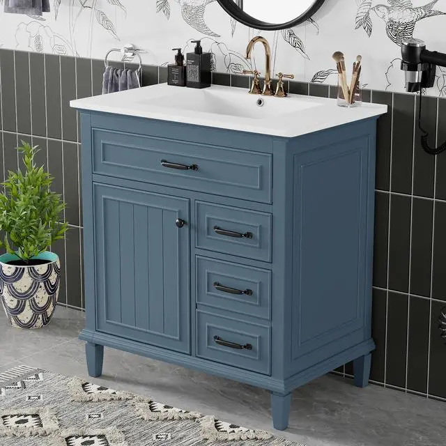 Alt view image 3 of 6 - 30" Bathroom Vanity with Sink Combo Set, Solid Wood Frame Bathroom Storage Cabinet with 2 Drawers and a Tip-Out Drawers, Adjustable Shelf, Soft Closing Cabinet Door with Organizer, Blue Gray