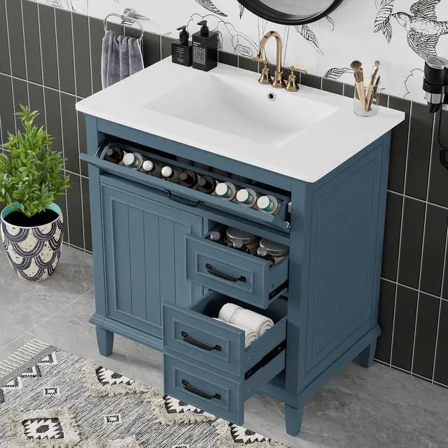 Alt view image 4 of 6 - 30" Bathroom Vanity with Sink Combo Set, Solid Wood Frame Bathroom Storage Cabinet with 2 Drawers and a Tip-Out Drawers, Adjustable Shelf, Soft Closing Cabinet Door with Organizer, Blue Gray