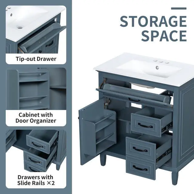 Alt view image 5 of 6 - 30" Bathroom Vanity with Sink Combo Set, Solid Wood Frame Bathroom Storage Cabinet with 2 Drawers and a Tip-Out Drawers, Adjustable Shelf, Soft Closing Cabinet Door with Organizer, Blue Gray