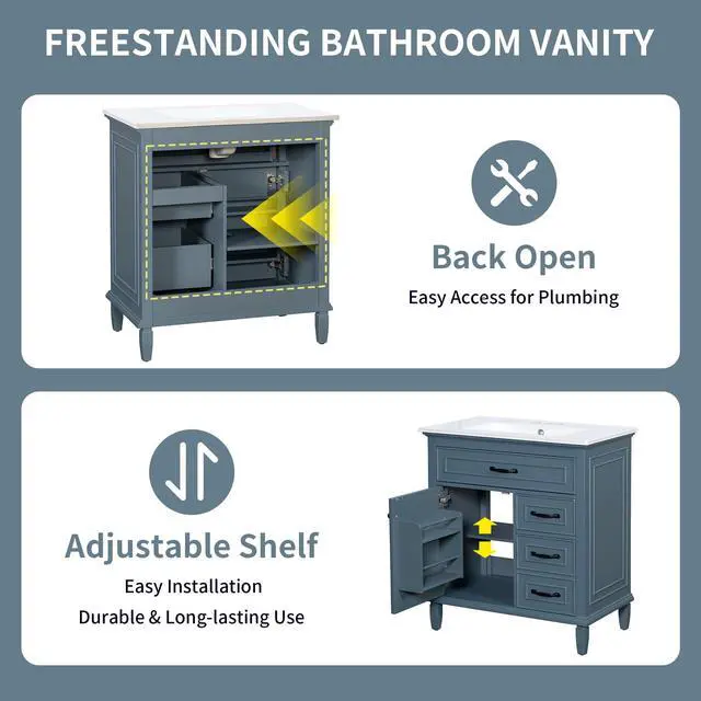 Alt view image 6 of 6 - 30" Bathroom Vanity with Sink Combo Set, Solid Wood Frame Bathroom Storage Cabinet with 2 Drawers and a Tip-Out Drawers, Adjustable Shelf, Soft Closing Cabinet Door with Organizer, Blue Gray