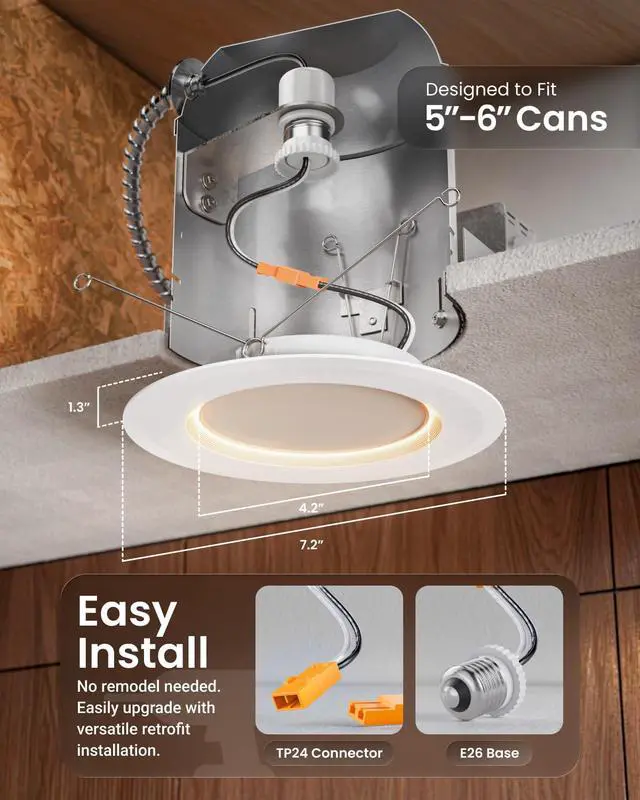 Alt view image 3 of 6 - Sunco 24 Pack 6 Inch LED Retrofit Night Light Recessed Downlight, 1000 Lumens, 2700K/3000K/4000K/5000K/6000K CCT Selectable, 12W, 120V Dimmable Ceiling Light, IC Rated, Damp Rated - ETL, FCC, RoHS
