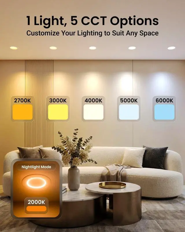 Alt view image 4 of 6 - Sunco 24 Pack 6 Inch LED Retrofit Night Light Recessed Downlight, 1000 Lumens, 2700K/3000K/4000K/5000K/6000K CCT Selectable, 12W, 120V Dimmable Ceiling Light, IC Rated, Damp Rated - ETL, FCC, RoHS