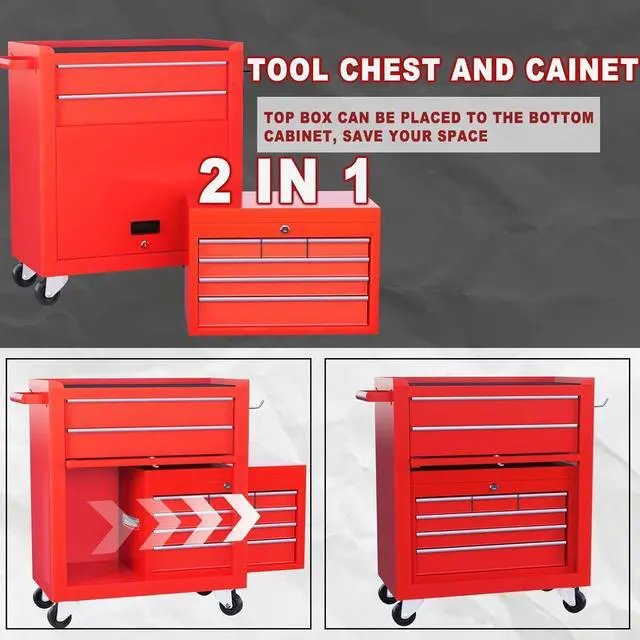 Alt view image 4 of 6 - 8-Drawer Rolling Tool Chest with Detachable Top Tool Box, Lockable Metal Tool Cabinet, and Liner, Heavy-Duty Storage Organizer with Wheels and 6 Hooks for Garage, Workshop, Red