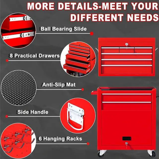 Alt view image 6 of 6 - 8-Drawer Rolling Tool Chest with Detachable Top Tool Box, Lockable Metal Tool Cabinet, and Liner, Heavy-Duty Storage Organizer with Wheels and 6 Hooks for Garage, Workshop, Red