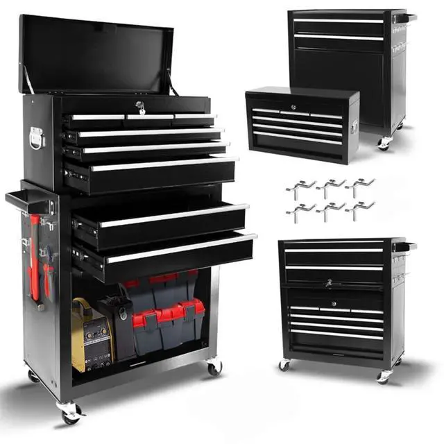 Main image of 8-Drawer Rolling Tool Chest with Wheels & Detachable Top Toolbox - Heavy-Duty Tool Storage Organizer for Garage, Workshop, Includes 6 Hooks, Black