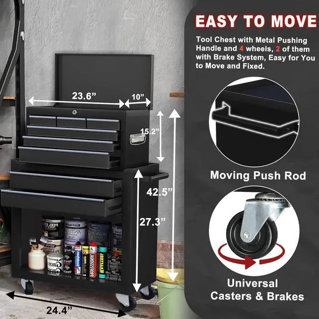 Alt view image 2 of 6 - 8-Drawer Rolling Tool Chest with Wheels & Detachable Top Toolbox - Heavy-Duty Tool Storage Organizer for Garage, Workshop, Includes 6 Hooks, Black