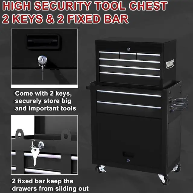 Alt view image 4 of 6 - 8-Drawer Rolling Tool Chest with Wheels & Detachable Top Toolbox - Heavy-Duty Tool Storage Organizer for Garage, Workshop, Includes 6 Hooks, Black
