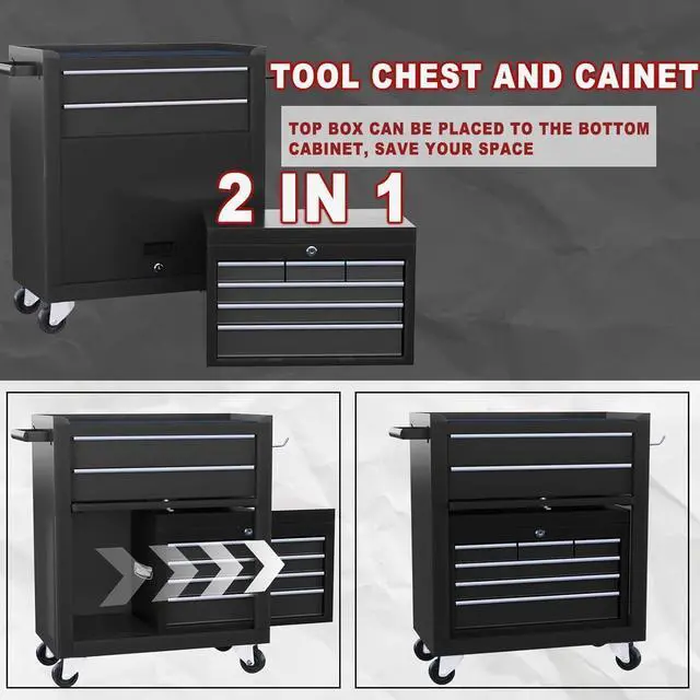 Alt view image 5 of 6 - 8-Drawer Rolling Tool Chest with Wheels & Detachable Top Toolbox - Heavy-Duty Tool Storage Organizer for Garage, Workshop, Includes 6 Hooks, Black