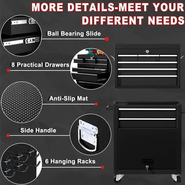 Alt view image 6 of 6 - 8-Drawer Rolling Tool Chest with Wheels & Detachable Top Toolbox - Heavy-Duty Tool Storage Organizer for Garage, Workshop, Includes 6 Hooks, Black