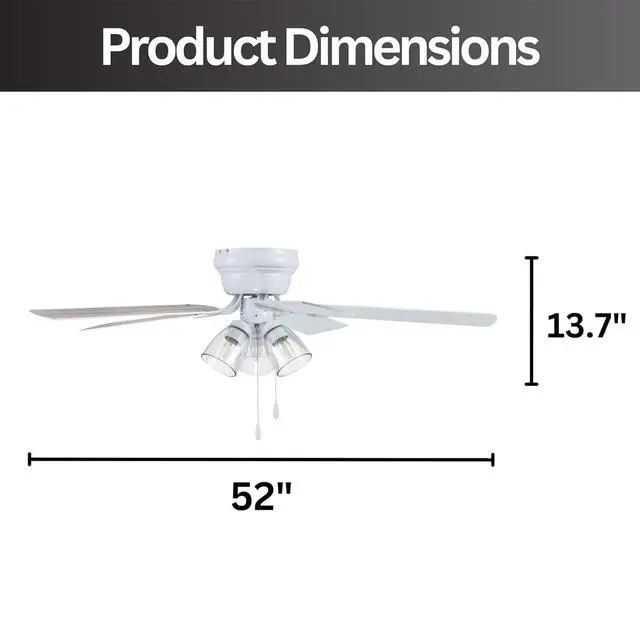 Alt view image 3 of 6 - Ceiling 52" Renton White Indoor Fan with Clear 3 Light LED Multi Arm E26/B11 Bulb and Pull-Chains, Traditional Style, 5 Reversible Gray Oak Blades, 51441, 52 Inch