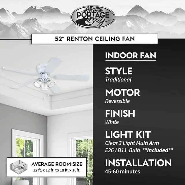 Alt view image 4 of 6 - Ceiling 52" Renton White Indoor Fan with Clear 3 Light LED Multi Arm E26/B11 Bulb and Pull-Chains, Traditional Style, 5 Reversible Gray Oak Blades, 51441, 52 Inch