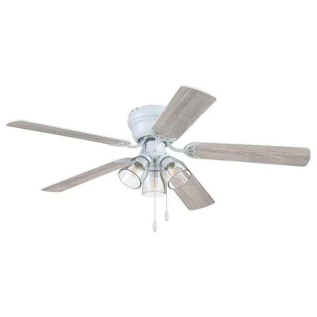 Alt view image 6 of 6 - Ceiling 52" Renton White Indoor Fan with Clear 3 Light LED Multi Arm E26/B11 Bulb and Pull-Chains, Traditional Style, 5 Reversible Gray Oak Blades, 51441, 52 Inch
