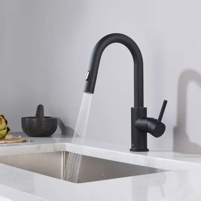 Alt view image 2 of 6 - Pull Down Kitchen Faucet with Single Handle | Solid Brass High Arc Spout | Kitchen Sink Faucet with Pull Down Sprayer | Easy Clean | Matte Black, KKF2011