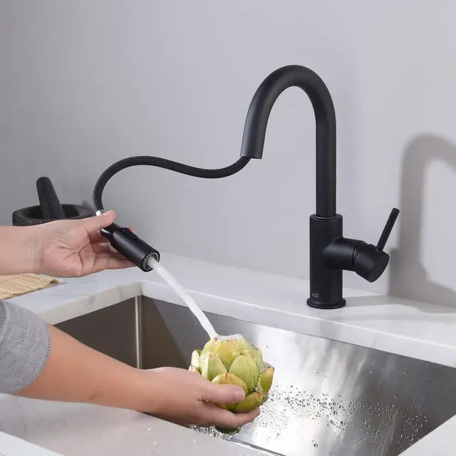 Alt view image 3 of 6 - Pull Down Kitchen Faucet with Single Handle | Solid Brass High Arc Spout | Kitchen Sink Faucet with Pull Down Sprayer | Easy Clean | Matte Black, KKF2011