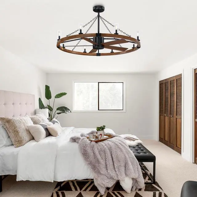 Alt view image 2 of 6 - 52 Inch Farmhouse Wagon Wheel Ceiling Fans with Light and Remote, 8-Light Industrial Rustic Fandelier with 6 Speeds Reverse Motor, Circular Ceiling Fan Light Fixture for Living Room, Kitchen