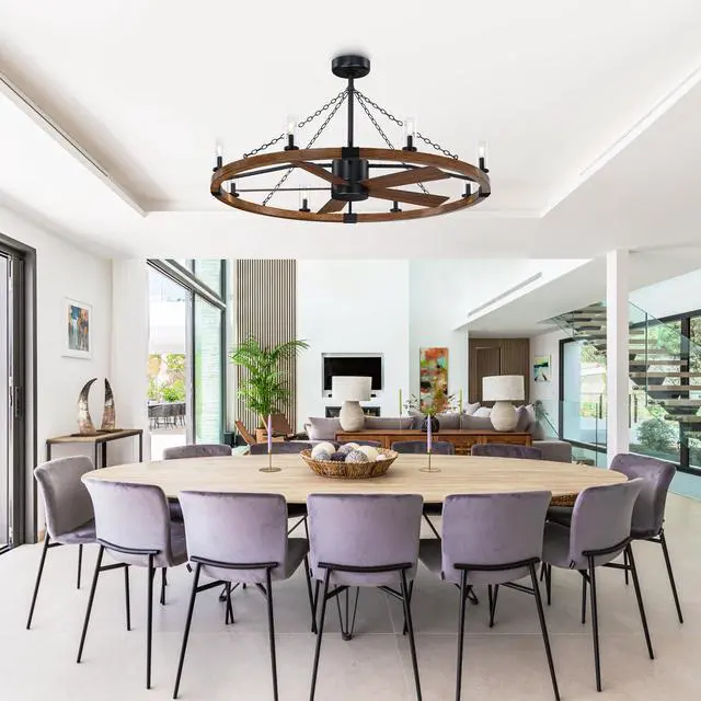 Alt view image 3 of 6 - 52 Inch Farmhouse Wagon Wheel Ceiling Fans with Light and Remote, 8-Light Industrial Rustic Fandelier with 6 Speeds Reverse Motor, Circular Ceiling Fan Light Fixture for Living Room, Kitchen