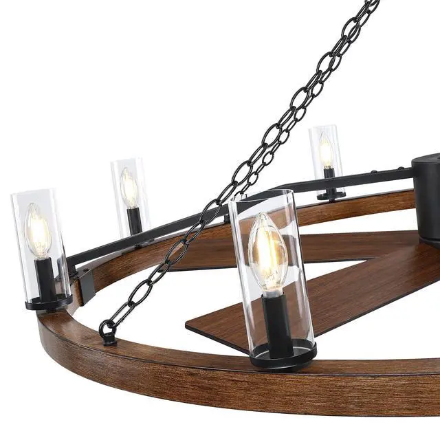 Alt view image 4 of 6 - 52 Inch Farmhouse Wagon Wheel Ceiling Fans with Light and Remote, 8-Light Industrial Rustic Fandelier with 6 Speeds Reverse Motor, Circular Ceiling Fan Light Fixture for Living Room, Kitchen