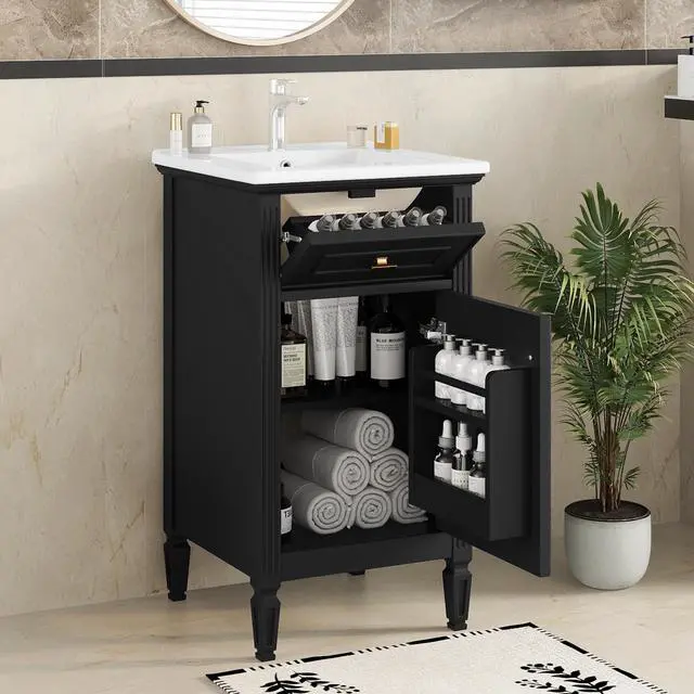 Main image of 20 Inch Black Small Bathroom Vanity with Sink, Vanity Cabinet with Tip-Out Drawer and Door Rack Organizer, Adjustable Shelf