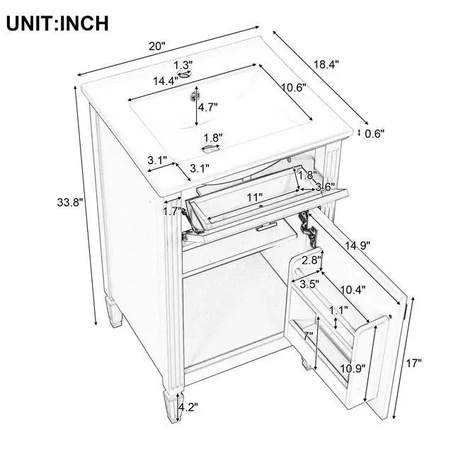 Alt view image 2 of 6 - 20 Inch Black Small Bathroom Vanity with Sink, Vanity Cabinet with Tip-Out Drawer and Door Rack Organizer, Adjustable Shelf