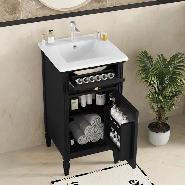 Alt view image 3 of 6 - 20 Inch Black Small Bathroom Vanity with Sink, Vanity Cabinet with Tip-Out Drawer and Door Rack Organizer, Adjustable Shelf