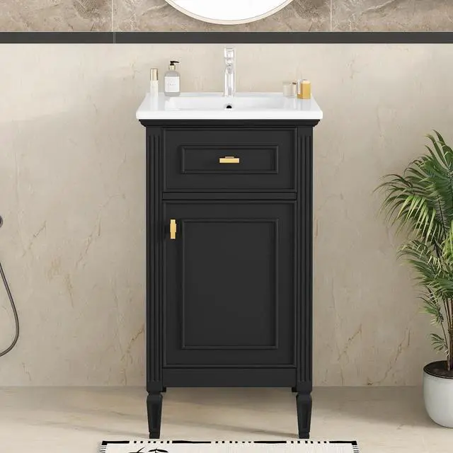 Alt view image 4 of 6 - 20 Inch Black Small Bathroom Vanity with Sink, Vanity Cabinet with Tip-Out Drawer and Door Rack Organizer, Adjustable Shelf