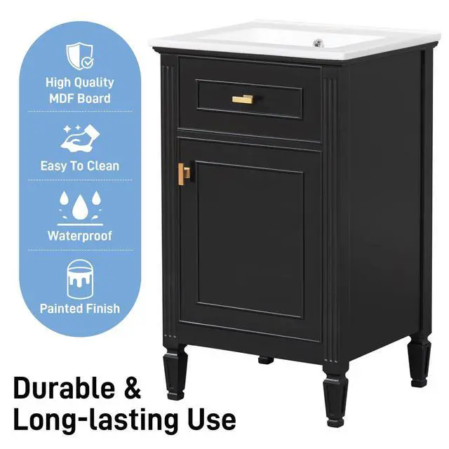 Alt view image 6 of 6 - 20 Inch Black Small Bathroom Vanity with Sink, Vanity Cabinet with Tip-Out Drawer and Door Rack Organizer, Adjustable Shelf