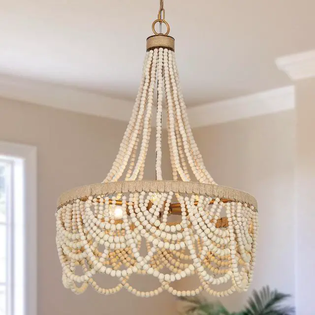 Main image of Wood Beaded Chandelier, Large 3 Light White Boho Chandelier Light Fixtures Gold Bohemian Chandelier for Living Room Bedroom Dining Room, Solid Wood Beads and Natural Hemp Rope