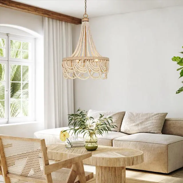 Alt view image 3 of 6 - Wood Beaded Chandelier, Large 3 Light White Boho Chandelier Light Fixtures Gold Bohemian Chandelier for Living Room Bedroom Dining Room, Solid Wood Beads and Natural Hemp Rope