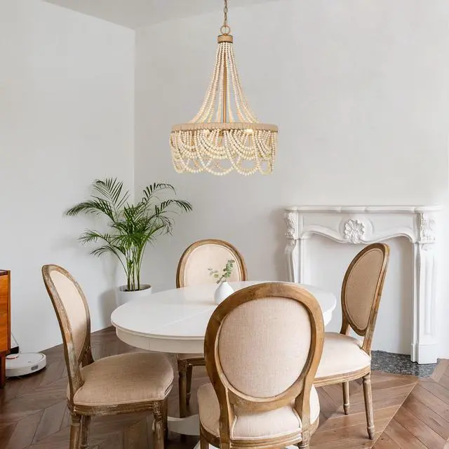 Alt view image 4 of 6 - Wood Beaded Chandelier, Large 3 Light White Boho Chandelier Light Fixtures Gold Bohemian Chandelier for Living Room Bedroom Dining Room, Solid Wood Beads and Natural Hemp Rope